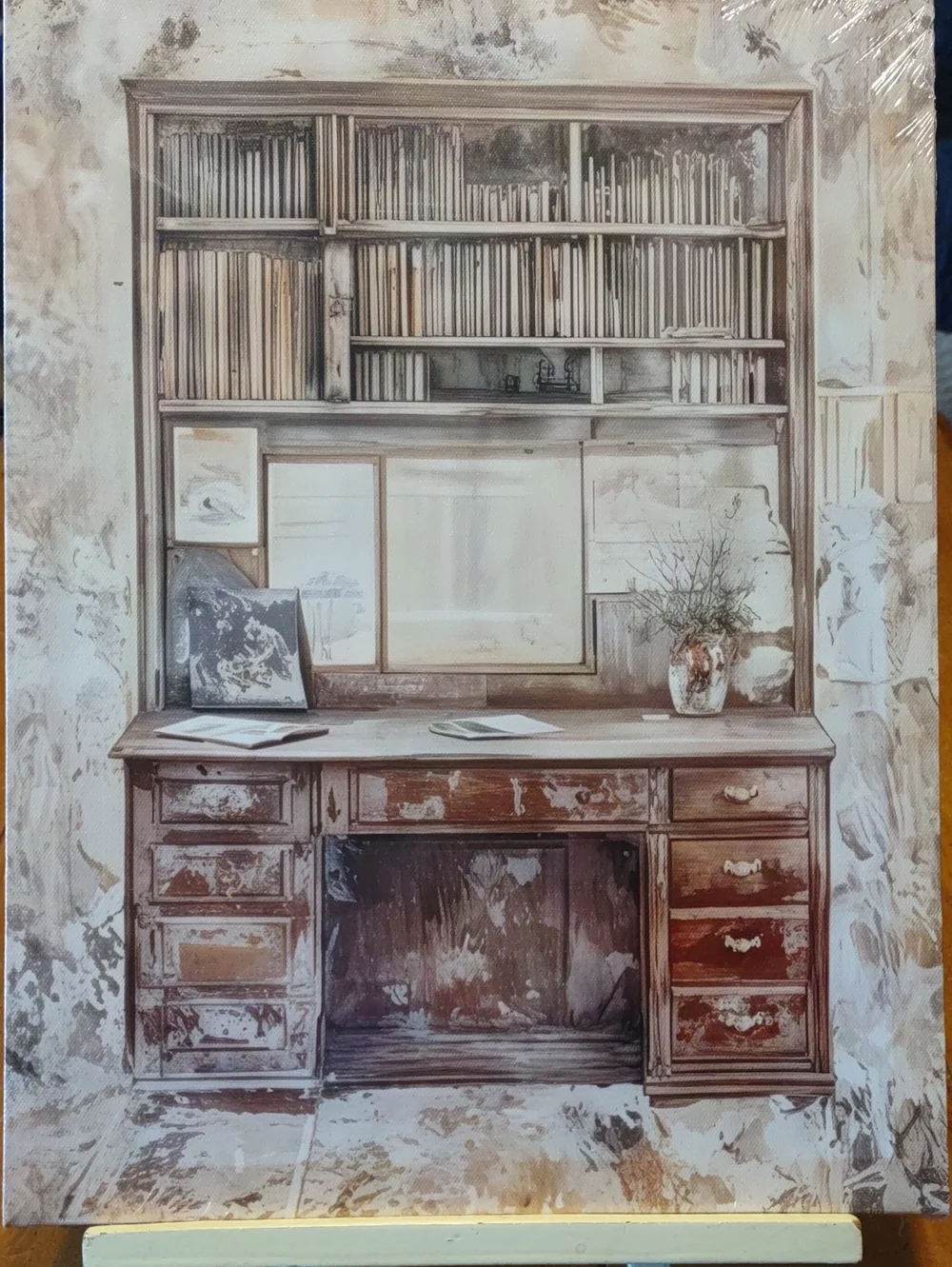🎈Canvas Print Vintage-look Desk and Bookshelf Wall Art - Beige and Brown